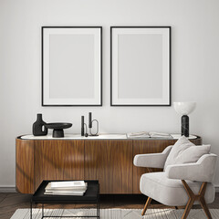 Frame mockup, ISO A paper size. Living room wall poster mockup. Interior mockup with house background. Modern interior design. 3D render
- 731758164