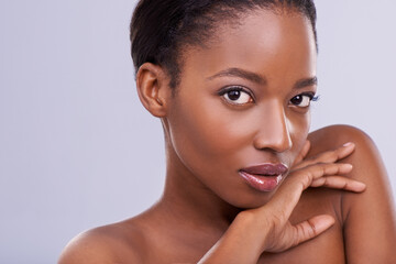 Skin, portrait and black woman with natural beauty, cosmetics and wellness with makeup on white...