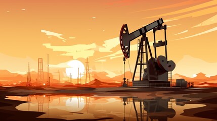 Silhouetted oil pump rig extracting petroleum in vibrant sunset sky - industrial energy concept - obrazy, fototapety, plakaty