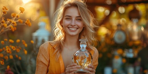 Happy young woman enjoying summer refreshing drink outdoors, exuding beauty and vitality.