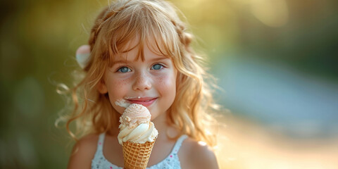 Portrait of a cute girl enjoying a sweet treat and licking an ice cream cone outdoors in summer.