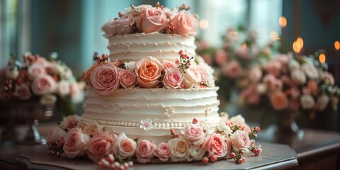 Exquisite Wedding Cake: A beautifully designed white masterpiece adorned with delicate flowers for a sweet celebration.