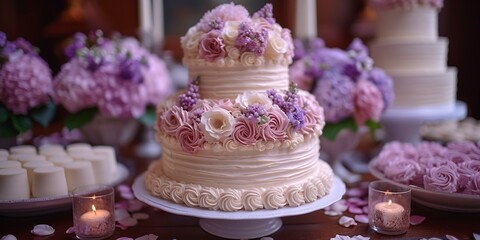 Obraz na płótnie Canvas A beautiful three-tier cake decorated with pink roses, perfect for a sweet celebration.