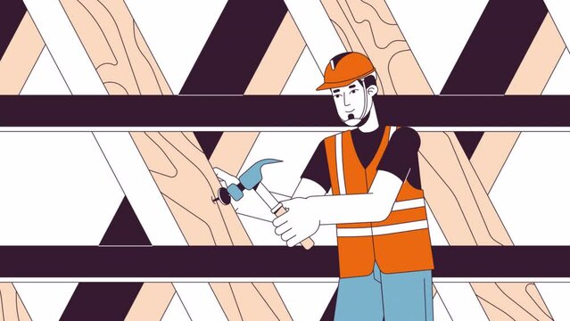 Hardhat builder nails hammering roof frame line 2D character animation. Rooftop construction flat color cartoon 4K video, alpha channel. Caucasian adult man animated person on white background