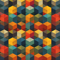 Colorful Geometric Square Mosaic Pattern Design with Abstract 3D Cubes for Seamless Decoration on Yellow Wall