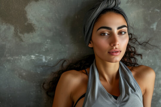 Middle eastern female in sports clothing relaxing after workout on grey background.