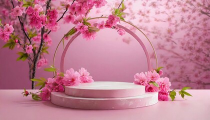 Mock up with round stone podium and spring flowers on pink background.