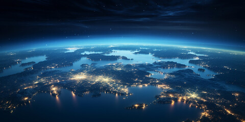  The earth at night with lights of cities and lights of the moon  .