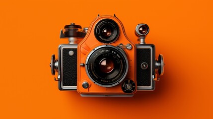 Vintage reflex camera on vibrant orange background - retro photography equipment