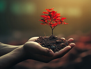 A small red tree growing in human hands