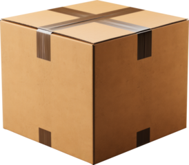 Cardboard packing box closed with sealing tape, isolated on transparent background.