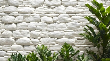 White textured stone wall with green plants