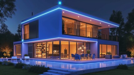 Fototapeta premium Modern smart home with blue illumination and digital security system at night.
