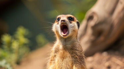 Fototapeta premium funny meerkat. Comical animal making a funny face that's impossible not to chuckle at. Funny smiling animal. Perfect for lighthearted and amusing design projects.