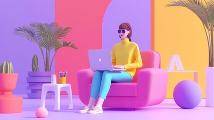 a colorful illustration of 3d character sitting on the laptop. cartoon, soft pop style