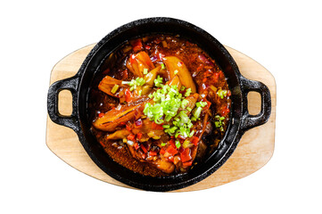 baked eggplant in tomato sauce.  Isolated, Transparent background.