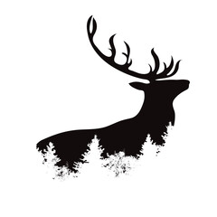 Deer silhouette with shape of forest on white background. Symbol of wild animal and nature.