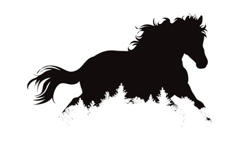 Vector silhouette of horse with forest on white background. Symbol of farm animal and nature.