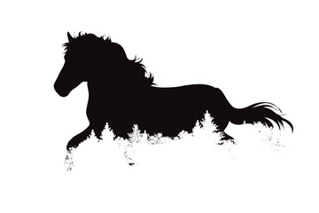 Vector silhouette of horse with forest on white background. Symbol of farm animal and nature.