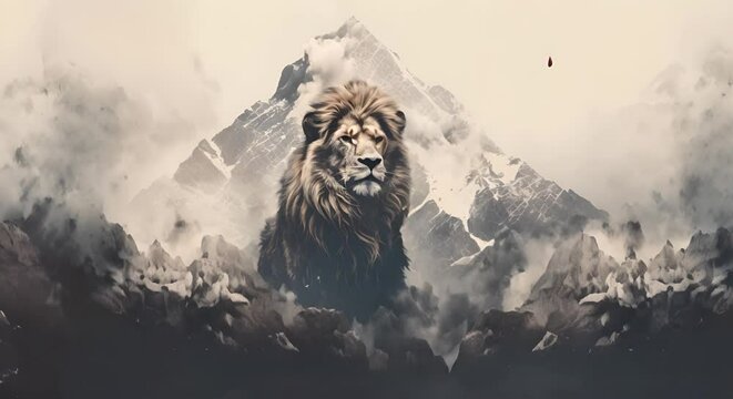Lion in the mountains. Artistic image of a wild animal