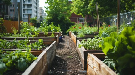 Community garden in an urban setting with rows of raised beds growing fresh produce.