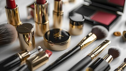 High-end makeup tools and products, elegantly displayed on tabletop, highlighting luxurious...
