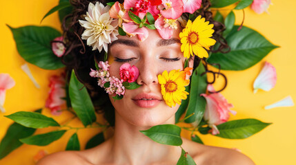 A portrait of a person with a creative makeup of vibrant flowers adorning half of their face against a neutral background. 