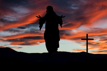 Illustration of a silhouette of Jesus at sunset with the cross behind him. Symbol of Christianity and religion.