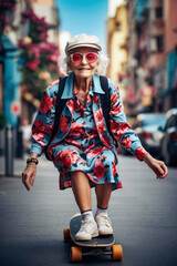 Smiling cheerful elegant elderly woman with white hair and baseball cap riding a skateboard amidst city traffic