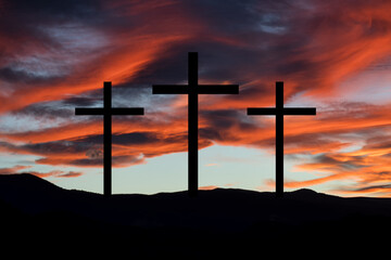 Illustration of a cross at sunset. Symbol of Christianity and religion.
