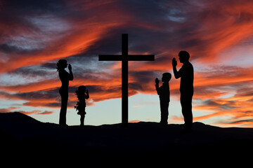 Illustration of a family praying the cross at sunset. Symbol of Christianity and religion.