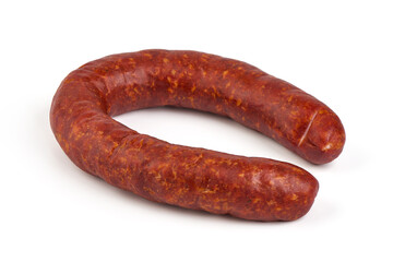 Smoked pork sausage ring, isolated on white background. High resolution image.