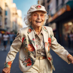 Smiling cheerful elegant elderly woman with white hair and baseball cap riding a skateboard amidst city traffic