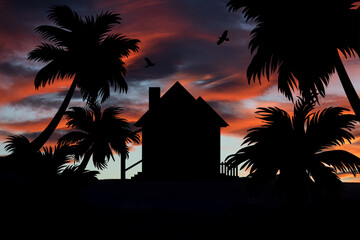Silhouette of a house surrounded by palm trees in the landscape at sunset. Twilight and exoticism.