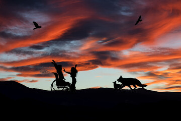 Silhouette of a boy sitting in a wheelchair with a friend and pets. Symbol of life and nature.