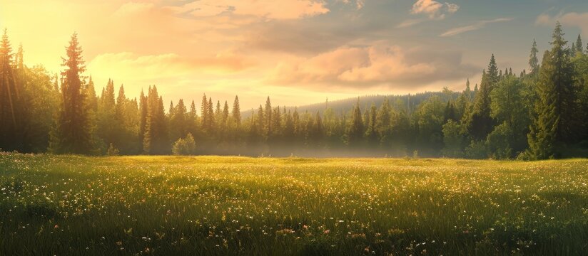 At sunset, a natural landscape of grass stretches towards the horizon, accompanied by trees, with a backdrop of a colorful sky and clouds.