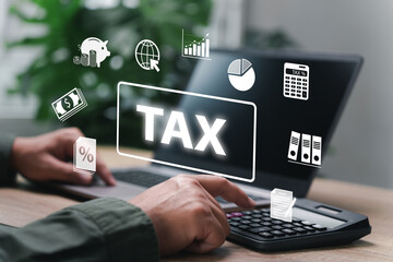 Individual income tax return form online for tax payment concept, Businessman calculate annual tax payments, Government, State taxes. Tax refund, financial, Banking, Data document, Financial Research - obrazy, fototapety, plakaty