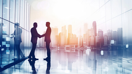 Fototapeta na wymiar Corporate Alliance : Business Partnerships through Double Exposure in Urban Skyscraper Offices