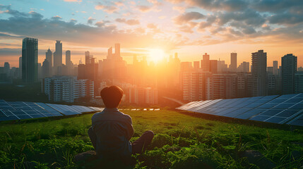 A person living in a sustainable city that is powered by renewable energy. Energy from wind, from sunlight or solar cells is pure energy that will be used in the future.