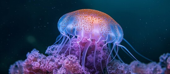 Naklejka premium A Marine invertebrate jellyfish with bioluminescence, swimming underwater in a purple coral reef.