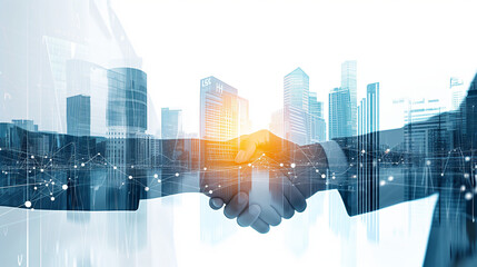 Double Exposure of Businesspeople Handshaking in High-Tech Office Skyscrapers: A Symbol of Corporate Partnership and Modern Business Dynamics