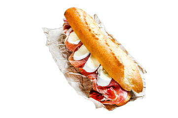 baguette sandwich with jamon ham serrano, paleta iberica, Camembert cheese.   Isolated, Transparent...