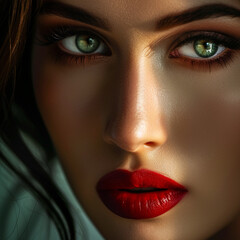 Attractive woman red eye close-up, ai technology