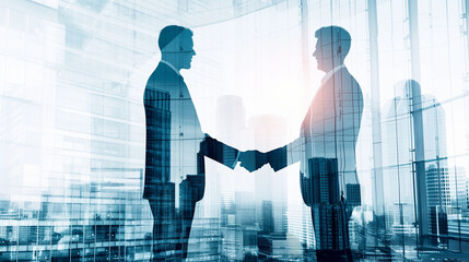 Fototapeta na wymiar Double exposure image of two businessmen shaking hands with cityscape. Business, agreement and cooperation concept.