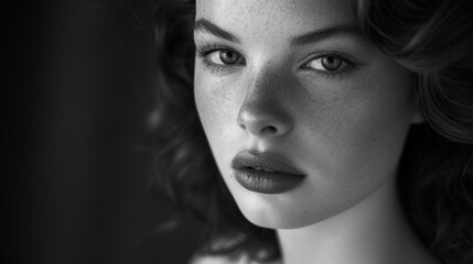 A black and white portrait of a girl with classic features and timeless elegance, evoking a sense of vintage beauty