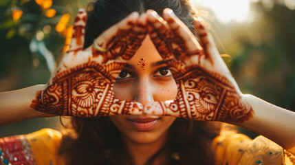 A close-up of a girl with intricate henna patterns on her hands, celebrating cultural beauty and traditions