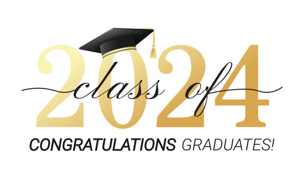 Class of 2024. Congratulations graduates with black and gold design isolated on white background for banner, greeting card, stamp, logo, print, invitation.Graduation event concept. Vector illustration