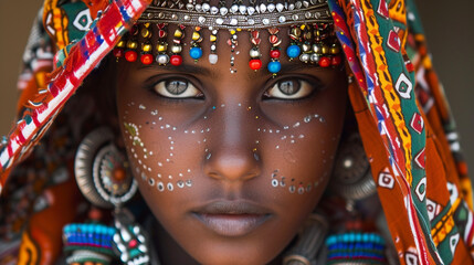 Fototapeta premium A girl in a traditional cultural attire, adorned with intricate jewelry, celebrating the diversity and richness of global beauty