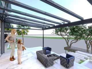 3d render of modern glass roof patio cover, winter garden