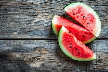 Juicy ripe pieces watermelon on wooden table, top view. Copy space for text
